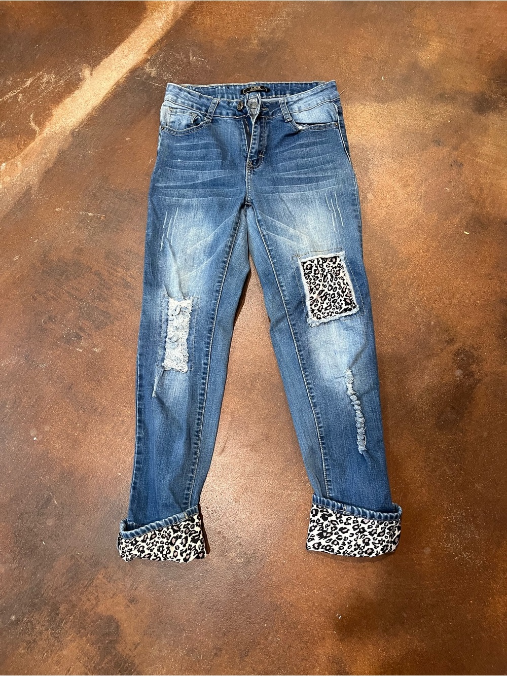 Lucky & Blessed Blue Distressed Jeans with Leopard Trim